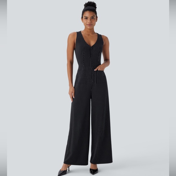Halara V Neck Wide Leg Jumpsuit- black w/ white pinstripes - Picture 1 of 6